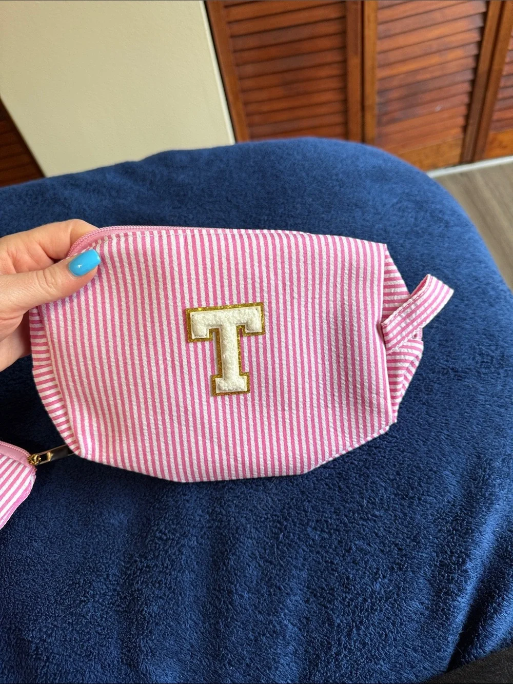 Pink and White Striped Cosmetic Pouch Duo with Gold 'T' Accent